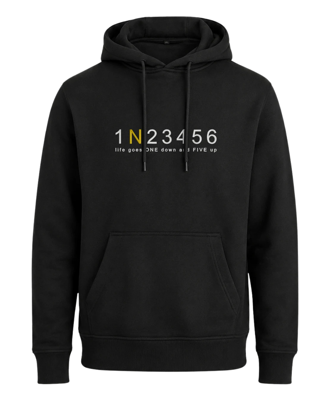 1N23456 Hoodie Schwarz, N in Gold – bestickt von MachineMadness