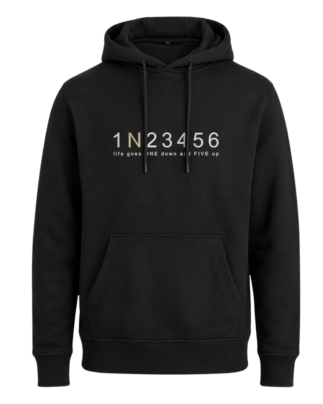 1N23456 Hoodie Schwarz, N in Weissgold – bestickt von MachineMadness