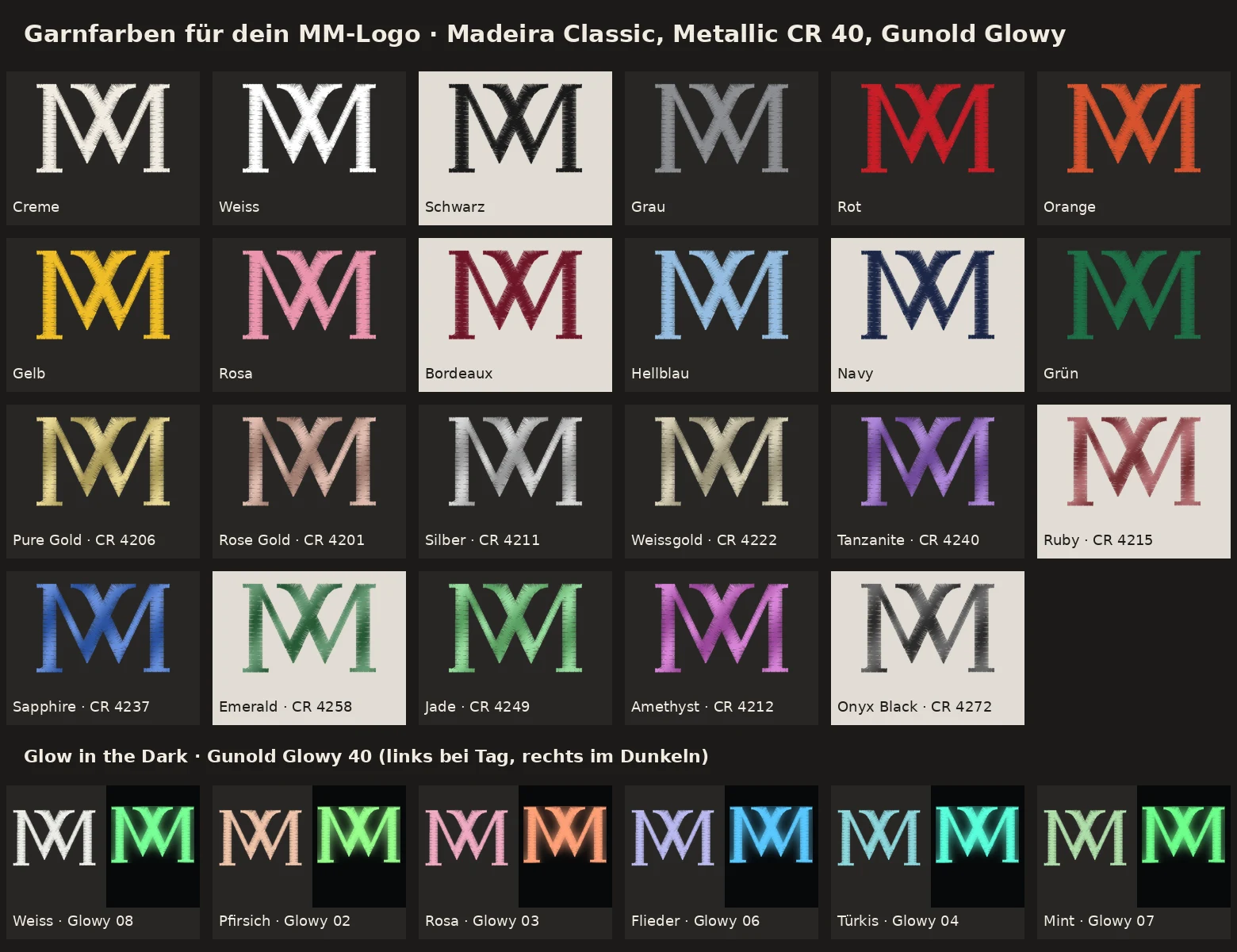 Garnfarben für das MM-Logo: Madeira Classic, Metallic CR 40 und Gunold Glowy