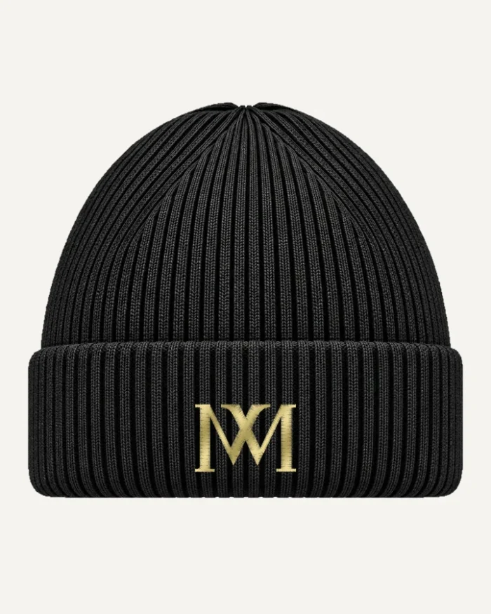 MachineMadness Logo Beanie schwarz mit goldenem MM-Monogramm
