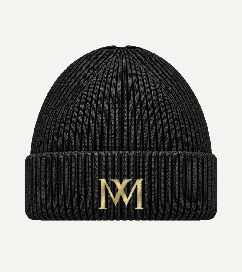 MachineMadness Logo Beanie schwarz mit goldenem MM-Monogramm